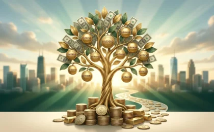 A conceptual 3D golden tree growing money and dividend coins, symbolizing passive income and long-term wealth building through dividend aristocrat stocks, with a modern city skyline in the background