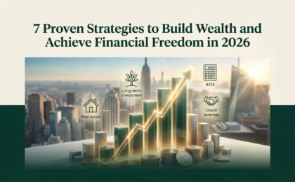 3D financial growth chart showing upward trends with a modern city skyline at sunrise, representing wealth building strategies and financial freedom
