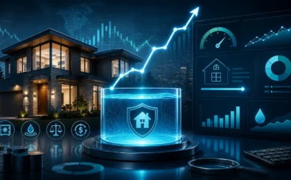 Conceptual visualization of a Home Equity Line of Credit (HELOC) as a strategic capital reserve, featuring a modern home and financial liquidity indicators for 2026