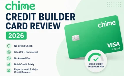 Chime Credit Builder Card review 2026 featured image with no credit check, no annual fee, no interest, and credit-building benefits