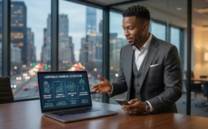 A business leader in a modern office analyzing an interactive corporate financial ecosystem dashboard on a laptop, showing connected merchant services, credit lines, and cash flow management