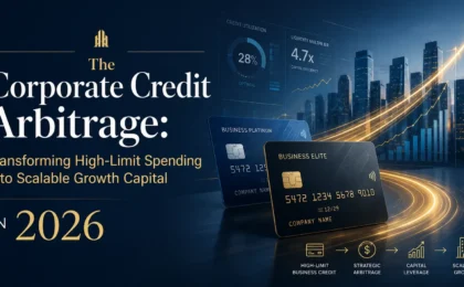 A sophisticated businessman analyzing financial growth charts on a digital tablet next to premium metal business credit cards, symbolizing corporate credit arbitrage and capital scaling