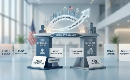 A balanced architectural structure symbolizing credit architecture, with separate columns for personal and business credit liability, in a clean USA financial environment