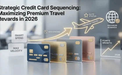 A strategic sequence of metal premium credit cards with a golden arrow pointing toward a global travel rewards and elite status symbol for 2026