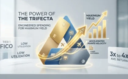 Three stylized premium credit cards in gold, blue, and slate, interlocking to form a trifecta with an accelerated golden arrow pointing toward maximum travel rewards