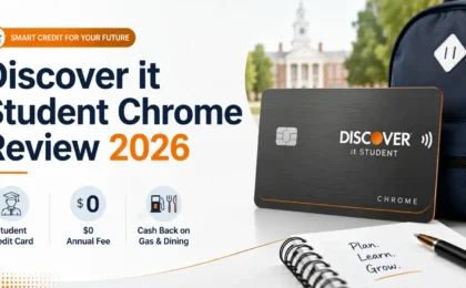 Discover it Student Chrome review 2026 featured image with student credit card, no annual fee, cash back on gas and dining, and college credit-building benefits
