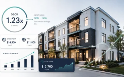 DSCR loan strategy dashboard showing rental portfolio growth, cash flow, rent, PITIA, and a modern multifamily investment property.