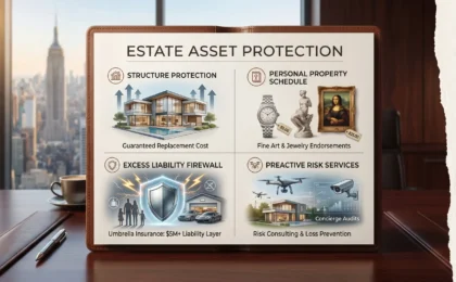 A professional illustrative photographic binder displaying the four key estate asset protection strategies for luxury properties and collections: guaranteed replacement cost, fine art endorsements, umbrella liability insurance, and proactive risk consulting