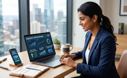 Professional woman optimizing personal liquidity using a financial dashboard showing High-Yield Savings Accounts (HYSA), CD Ladders, and Cash Management Accounts