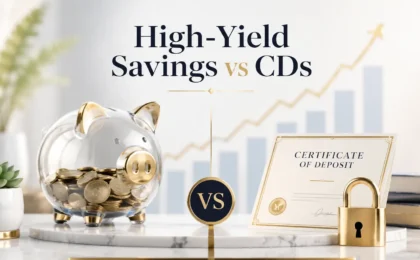A comparison of high-yield savings accounts and certificates of deposit showing interest rate growth and financial planning concepts