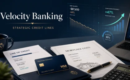 Sophisticated financial dashboard showing velocity banking strategy and credit card interest cancellation concepts