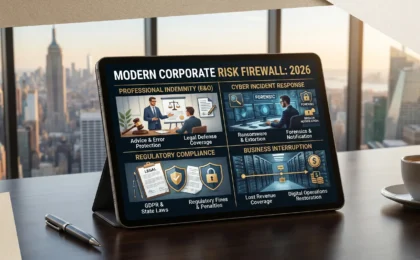 A professional illustrative photographic tablet displaying a modern corporate risk firewall graphic, showcasing the four key insurance components: professional indemnity (E&O), cyber incident response, regulatory compliance, and business interruption coverage, in a luxurious office setting