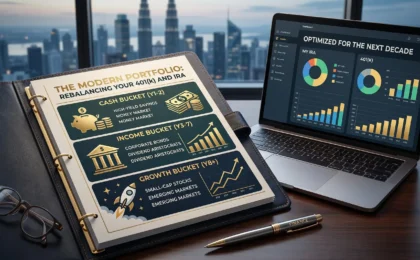 Infographic showing the 3-bucket strategy for 401k and IRA retirement planning on a desk with a laptop