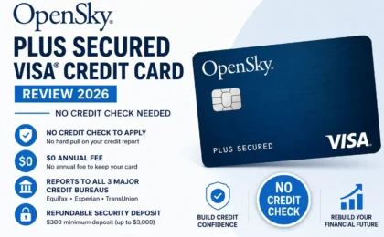 OpenSky Plus Secured Visa Credit Card review 2026 featured image with no credit check, no annual fee, refundable security deposit, and credit rebuilding benefits