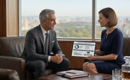 A high-net-worth client reviewing a bespoke wealth management plan with a private banker on a tablet, featuring generational asset allocation and exclusive investment access, in a luxurious office setting