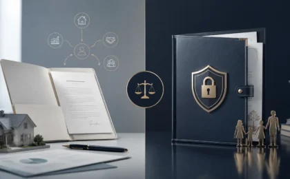 Revocable vs irrevocable trust comparison showing estate planning documents, asset protection shield, family legacy, and wealth transfer concepts.