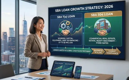 A dynamic, informative dashboard graphic on a large screen in a modern workspace comparing SBA 7(a) for working capital and SBA 504 for commercial real estate, designed as a strategic guide for business scaling, set against a blurred city skyline