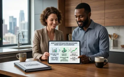 A professional couple reviewing a mortgage refinancing dashboard on a tablet, illustrating rate-and-term savings, cash-out equity, and long-term wealth acceleration strategies