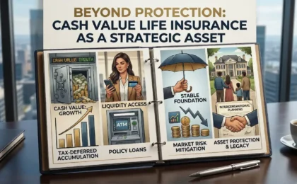A professional illustrative graphic titled 'Beyond Protection' on an executive desk, displaying the four key wealth management benefits of cash value life insurance as a strategic asset: tax-deferred growth, liquidity access, stable foundation, and intergenerational planning