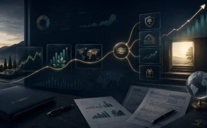 A sophisticated financial advisor analyzing tax-efficient capital gains charts on a dual-monitor setup, symbolizing strategic tax-loss harvesting and wealth preservation for high-net-worth investors in 2026
