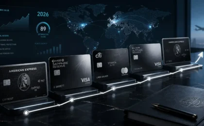 A strategic visualization of the Tier-1 credit card ecosystem showing Phase I, II, and III of credit sequencing for elite financial rewards in 2026