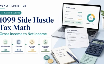 1099 side hustle tax math illustration showing gross income, expenses, estimated tax set-aside, and remaining income on a calculator dashboard.