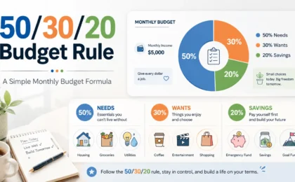 50/30/20 budget rule infographic showing needs, wants, and savings categories for a simple monthly budget