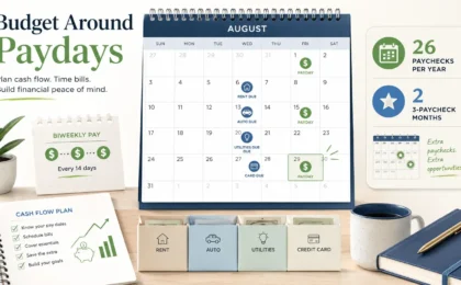 Biweekly budget calculator showing paydays, bill due dates, and cash flow planning on a monthly calendar