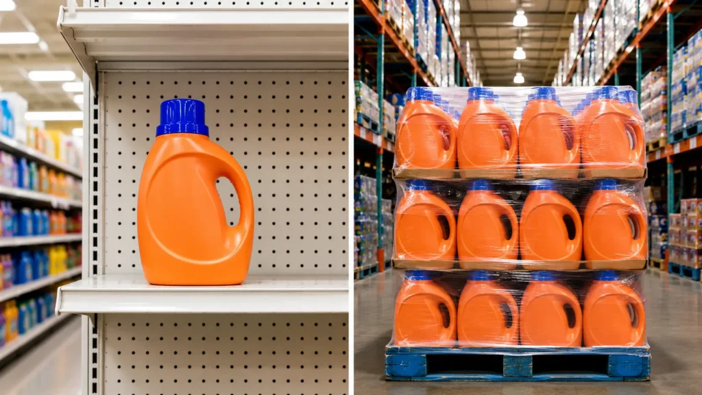 Split-screen comparison of a single detergent bottle on a grocery store shelf and a bulk detergent pallet in a warehouse club aisle.