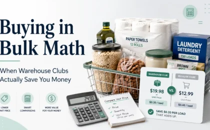 Buying in bulk math infographic showing warehouse club items, a calculator, unit price comparison, and regular store versus bulk price examples.