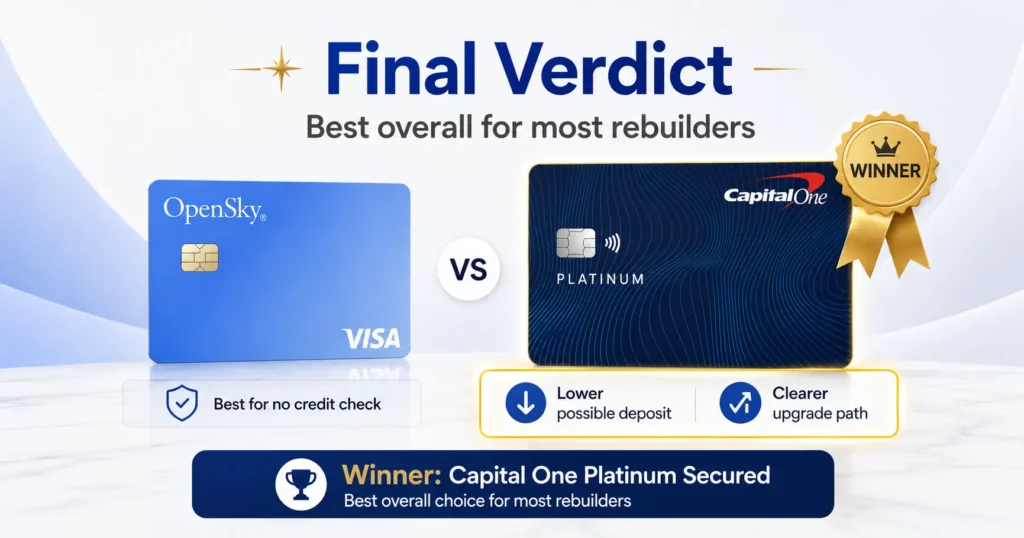 Capital One Platinum Secured named the overall winner over OpenSky Plus for most credit rebuilders due to lower deposits and a clearer upgrade path