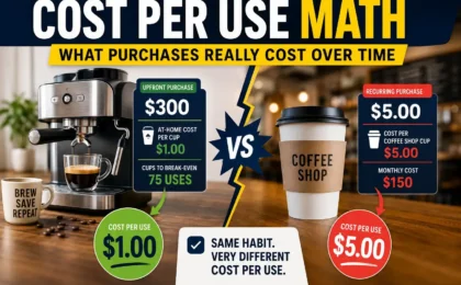 Cost per use math comparison showing a coffee machine purchase beside a recurring coffee shop cup cost example.