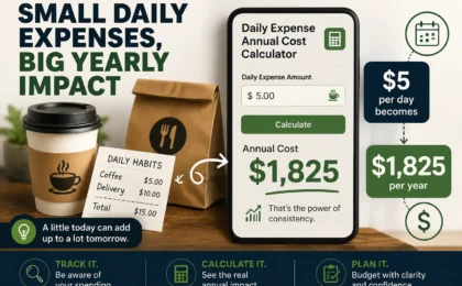 Daily expense annual cost calculator showing how small daily expenses can add up to yearly spending
