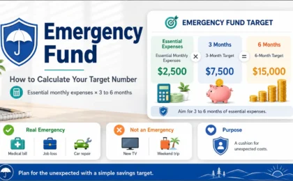 Emergency fund target calculator showing essential monthly expenses multiplied by three to six months