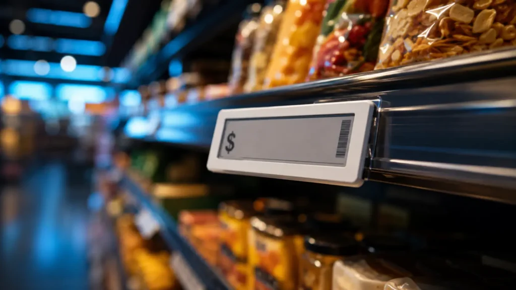 Close-up of a minimalist grocery price tag on a supermarket shelf with blurred products in the background.