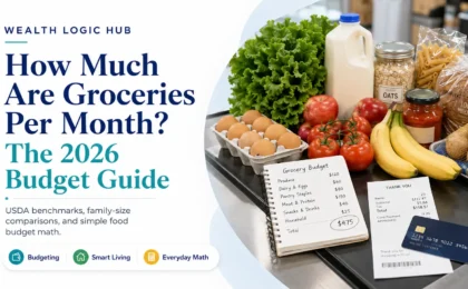 Featured image for a 2026 grocery budget guide showing groceries, a receipt, a credit card, and food budget notes.