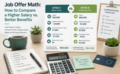 Job offer math infographic comparing a higher salary offer with a lower salary offer that includes better benefits, premiums, match value, bonuses, and commute costs.