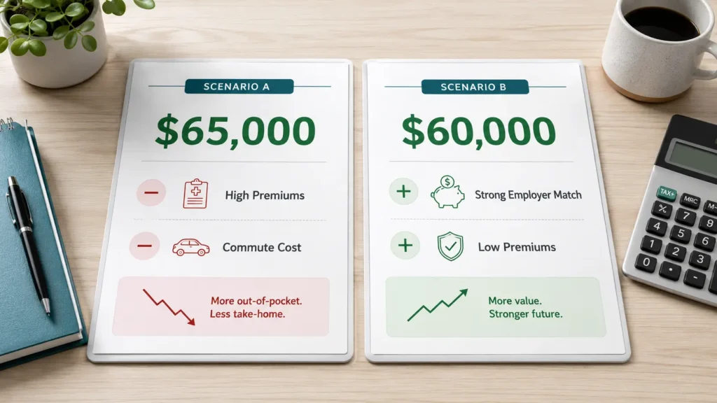 A visual side-by-side comparison of job offer scenarios A and B showing how salary, premiums, and match value combine to create a total compensation view.