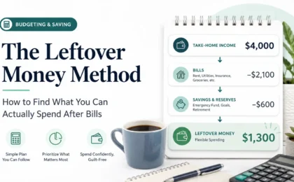 Leftover money method infographic showing take-home income, bills, savings and reserves, and leftover money as flexible spending.