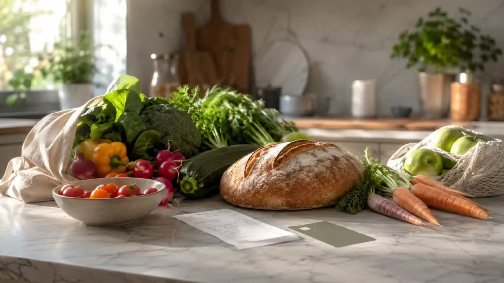 Fresh groceries on a kitchen counter with a bread loaf, receipt, and payment card for monthly grocery budget planning.