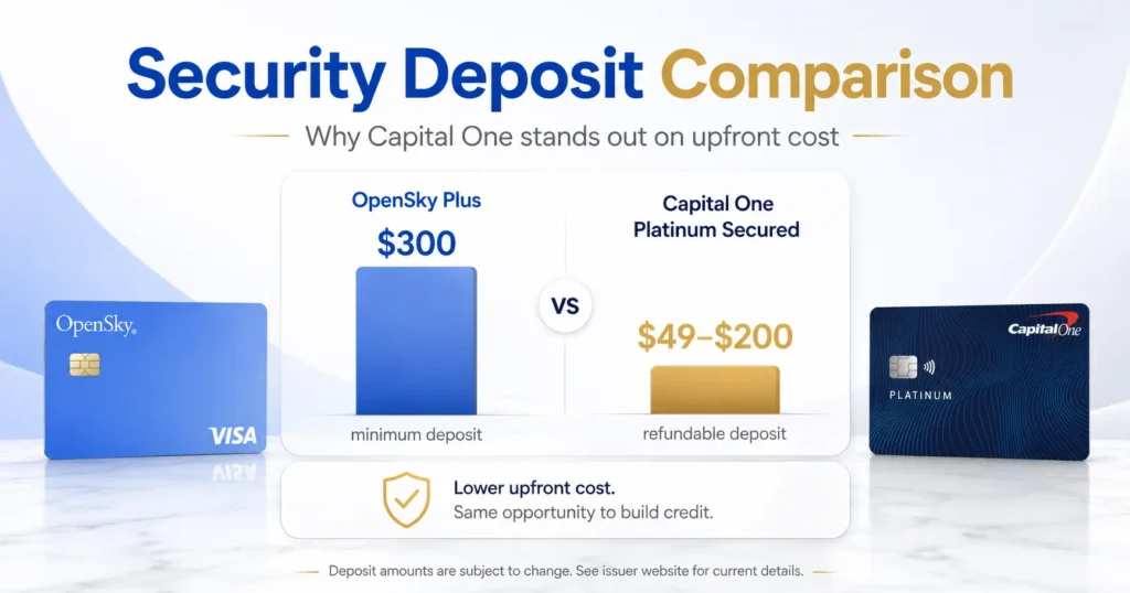 Bar chart comparing the $300 minimum deposit of OpenSky Plus versus the $49 to $200 refundable deposit of the Capital One Platinum Secured card