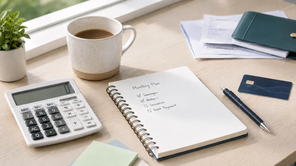 A clean desk with a calculator, pen, and a notepad showing savings and fixed bills separated first, illustrating the reverse budget method.