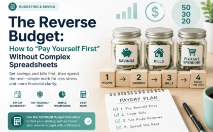 Reverse budget infographic showing a payday plan, calculator, savings jar, fixed bills, reserves, and flexible spending categories.