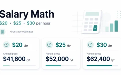 Salary math visual showing $20, $25, and $30 per hour converted into annual gross pay estimates