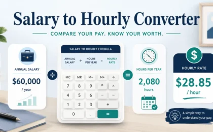 Salary to hourly converter showing annual salary divided by 2,080 hours to estimate hourly pay