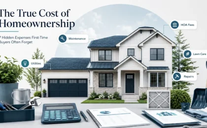 Illustration of a house with maintenance, HOA fees, utilities, lawn care, and repair costs representing the true cost of homeownership.