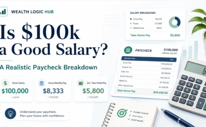 Illustration showing a $100k salary paycheck breakdown with gross salary, monthly gross pay, estimated take-home pay, taxes, deductions, and calculator.