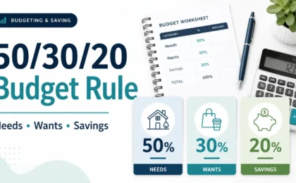 50/30/20 budget rule illustration showing 50% needs, 30% wants, and 20% savings with a budget worksheet and calculator.