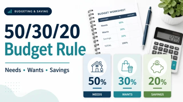 50/30/20 budget rule illustration showing 50% needs, 30% wants, and 20% savings with a budget worksheet and calculator.