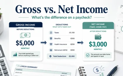 Gross vs net income illustration showing gross monthly pay, paycheck deductions, and net take-home pay in a clean payroll breakdown.